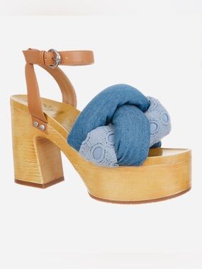 Sam & Libby Denim Knot Platform Sandal with Tan Ankle Strap